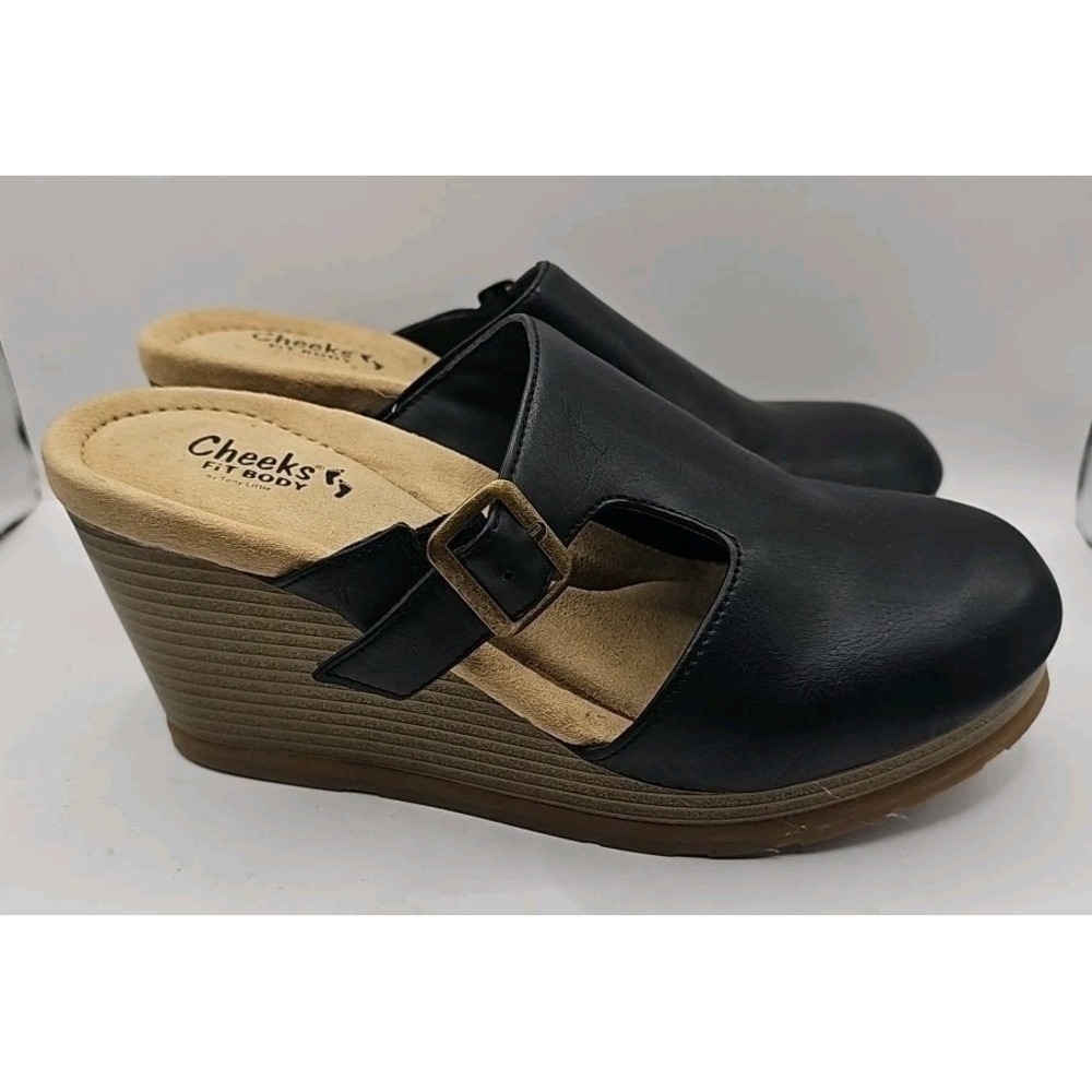 Cheeks Fit Body Wedge Clog Mules Cushioned Comfort AcademiaBlack Sz 8 Women #219